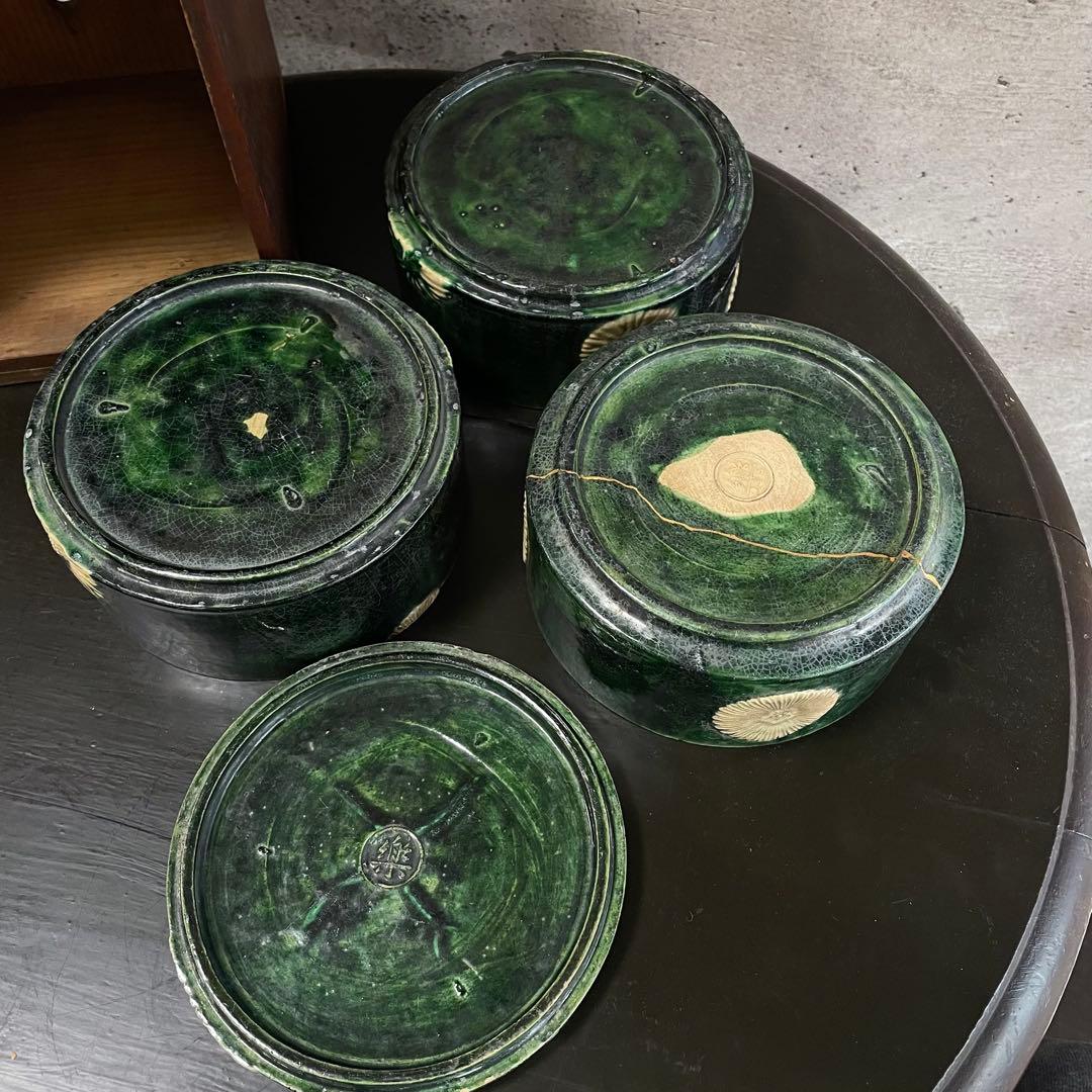 陶器 三段重箱 アンティーク 骨董品 貫入 金継ぎ 焼物