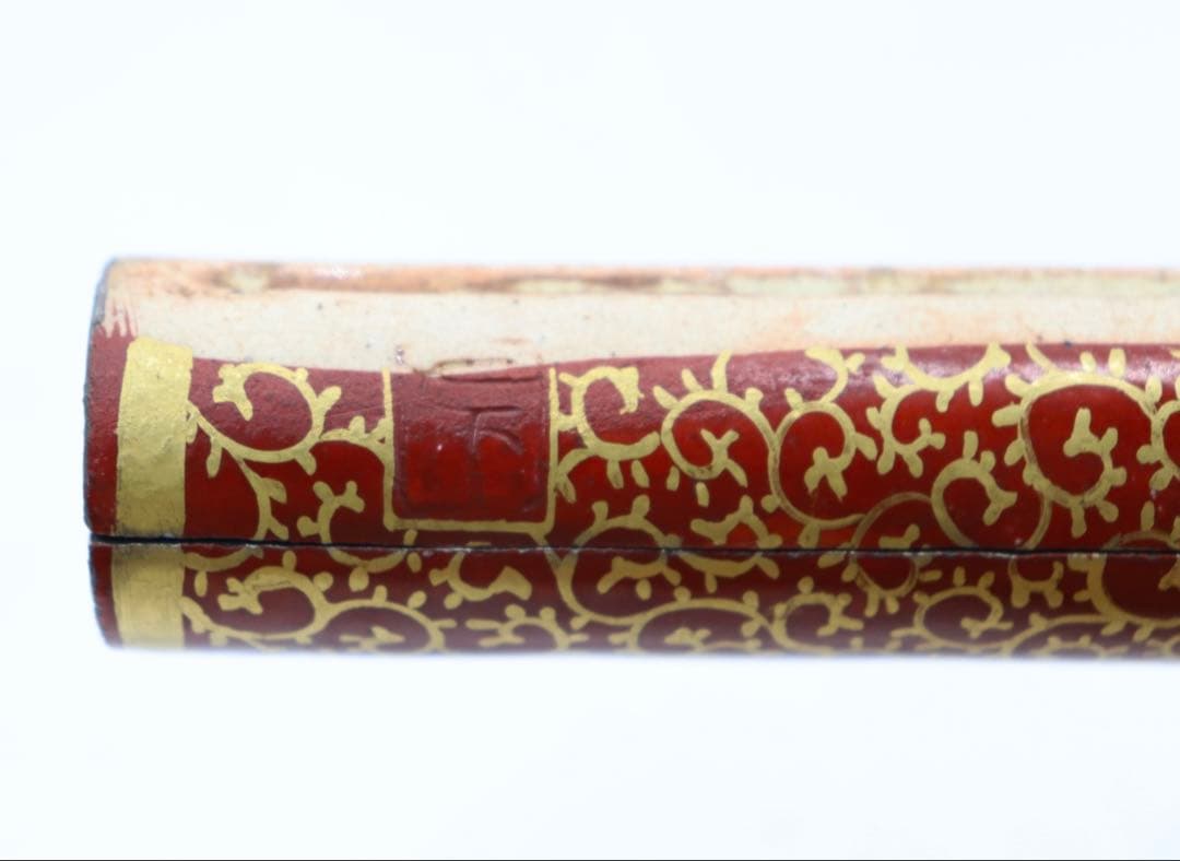 赤絵 金彩唐草紋 笛型お香立 在銘 木箱入 送料込み