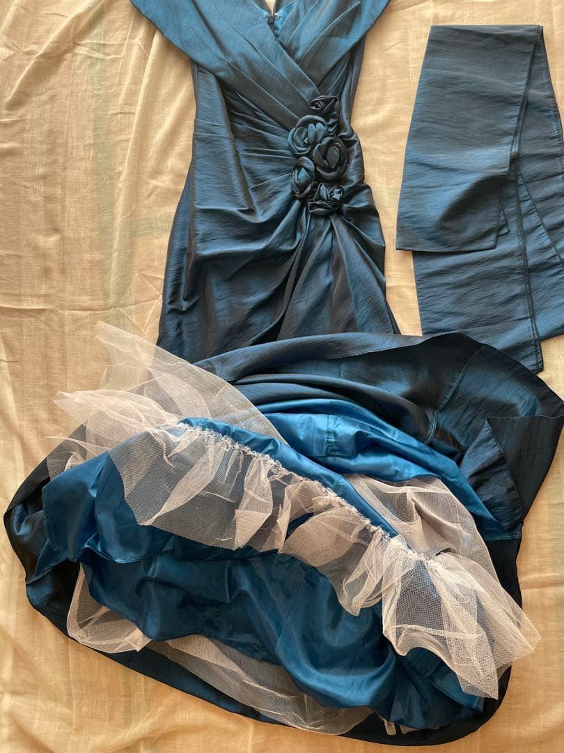 ドレス ロング 青 ブルー 演奏会 パーティ 発表会 M 共布 サテン 光沢