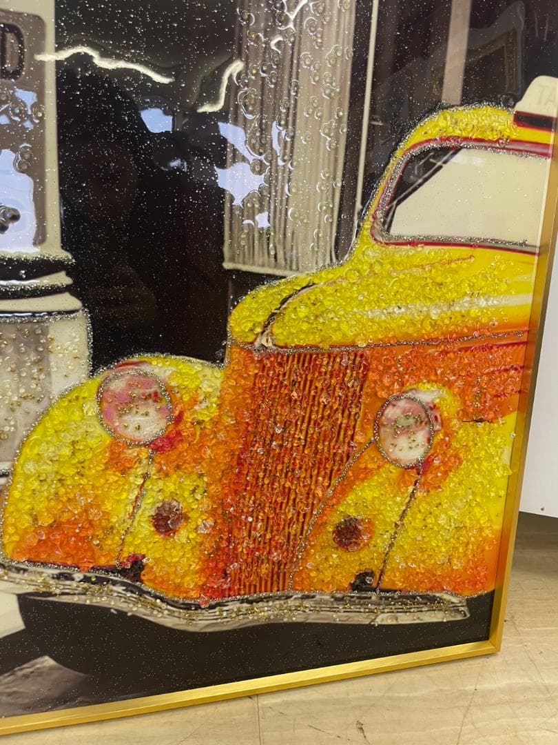水晶絵　アートパネル　車　ポスター　イエロー　黄　絵画　絵　アート　外車　額縁