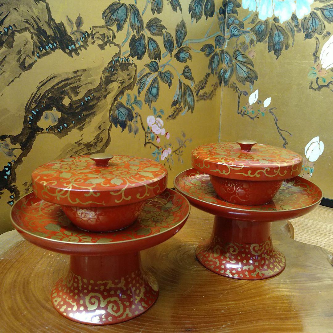 AB29 天目台一対 茶台 高茶台 高脚 金 高蒔絵 草花図 朱漆 木箱 昭和