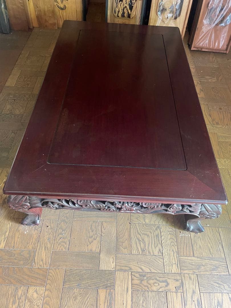 高級唐木 獅子龍彫刻付き漆仕上げ長座卓 150センチ幅テーブル一枚