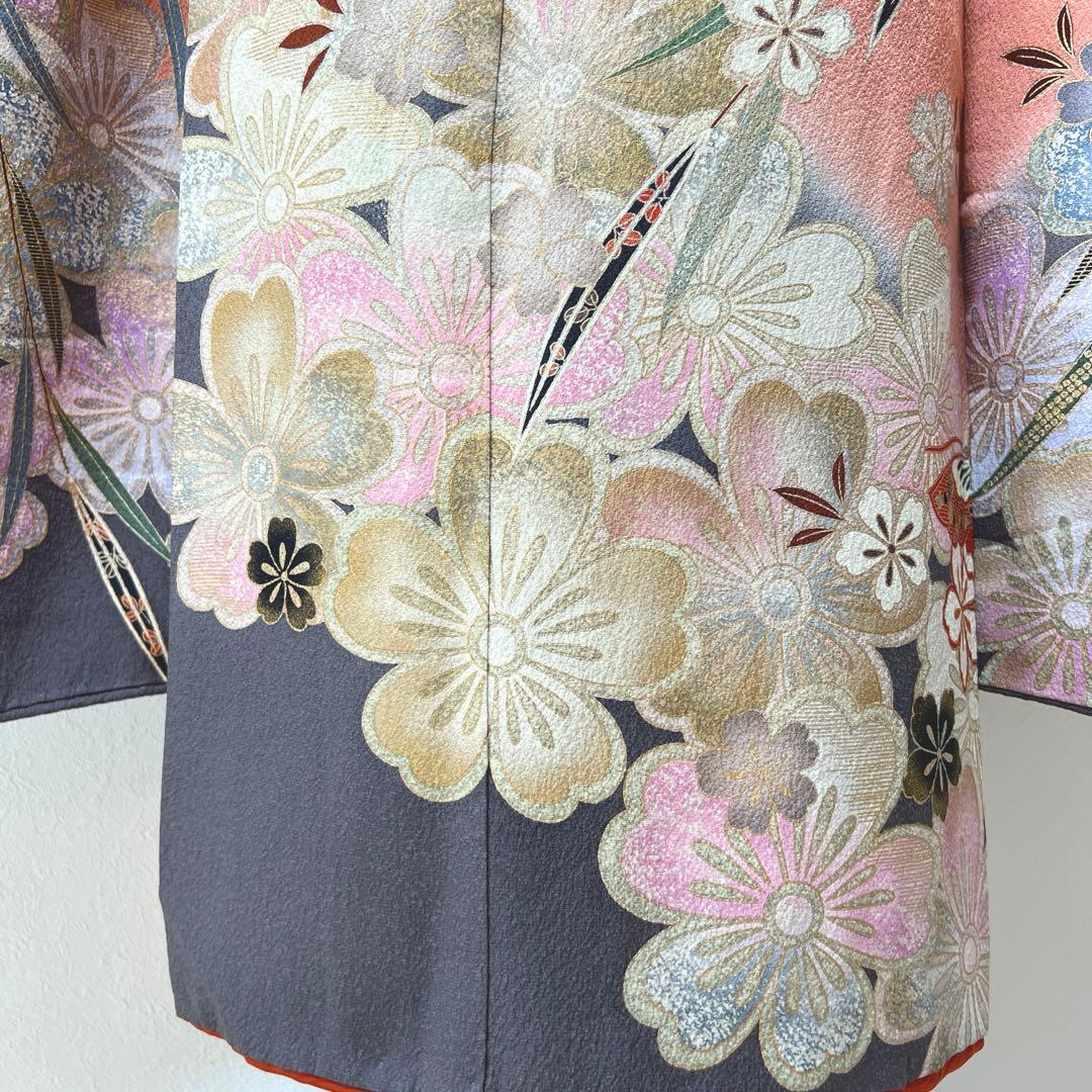 351【華やぎ落ち着き】【桜蝶 紺色×ワイン色】【振袖6点フルセット