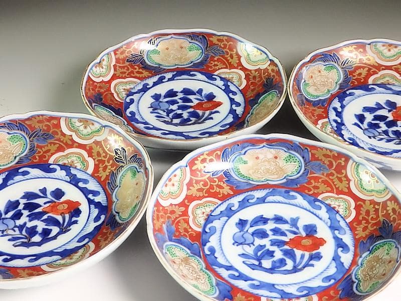 大聖寺伊万里 金襴手 獅子に金唐草 牡丹の図 4枚 A158A-AMf｜