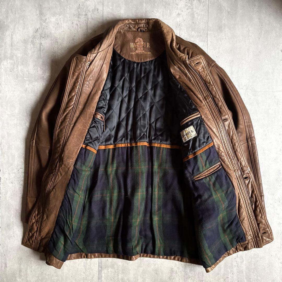 90s vintage】レザーカーコート レザージャケット 裏地チェック 本革
