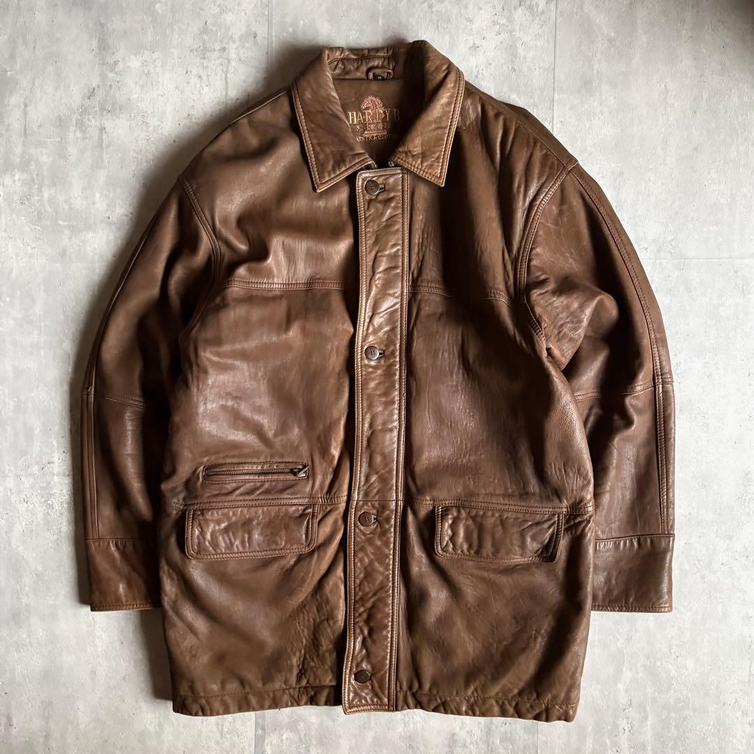 90s vintage】レザーカーコート レザージャケット 裏地チェック 本革