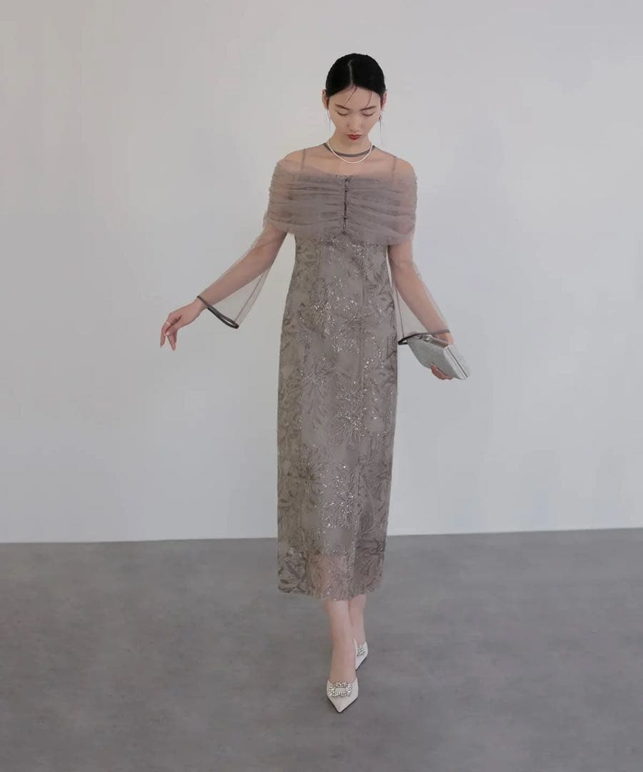 【訳あり】LEJA チュールオフショルダー花柄Iラインワンピースドレス