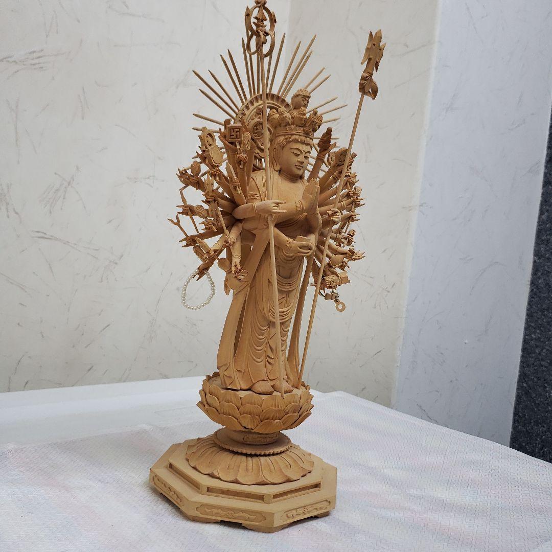 Bフライデー希少上彫り仏像☆柘植材 千手観音菩薩像5寸