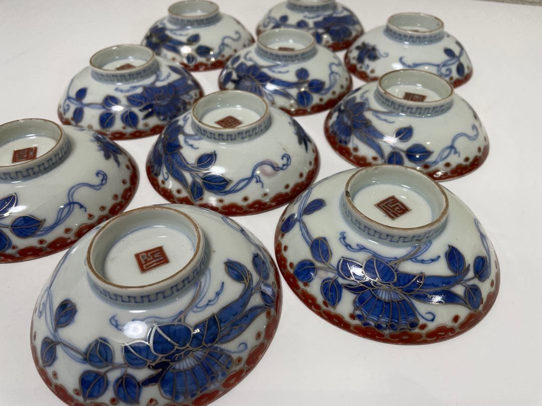 現状品】古伊万里 染付 蓋付飯碗10客 金彩 蝶 レトロ アンティーク