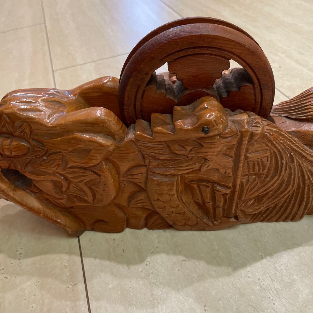 木彫り 特大墨壺鶴亀龍彫刻 大工道具 工芸