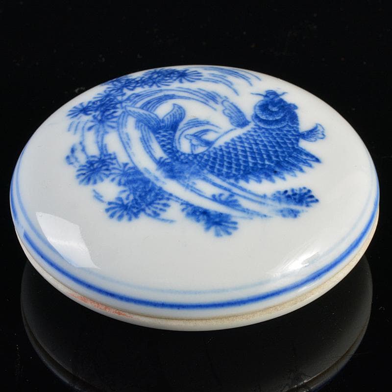 中国 景徳鎮製款 青花 魚藻文 香合 時代箱付 C R6154