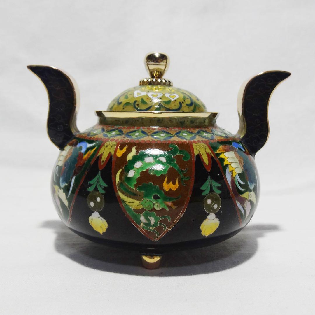 錦雲軒 稲葉七宝】 玉形耳付古代文 七宝香炉 共箱 茶道具