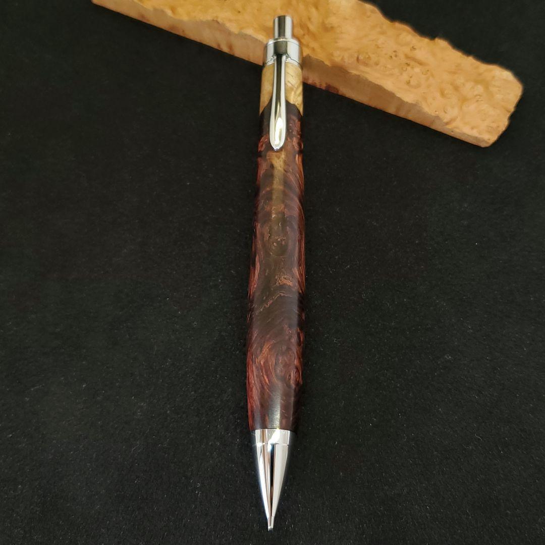 No.28ハンドメイド木軸シャーペンロースウッド瘤蜜蝋ワックス仕上げ