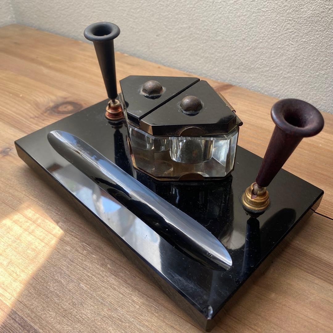 アンティーク デスク ペンホルダー インク壺 黒 インクポット 古道具の