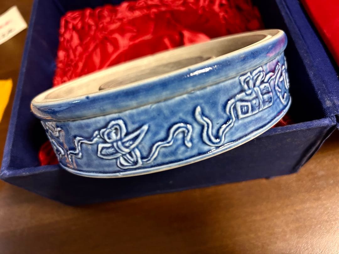 清時代 同治年間 藍釉 蓋付磁硯