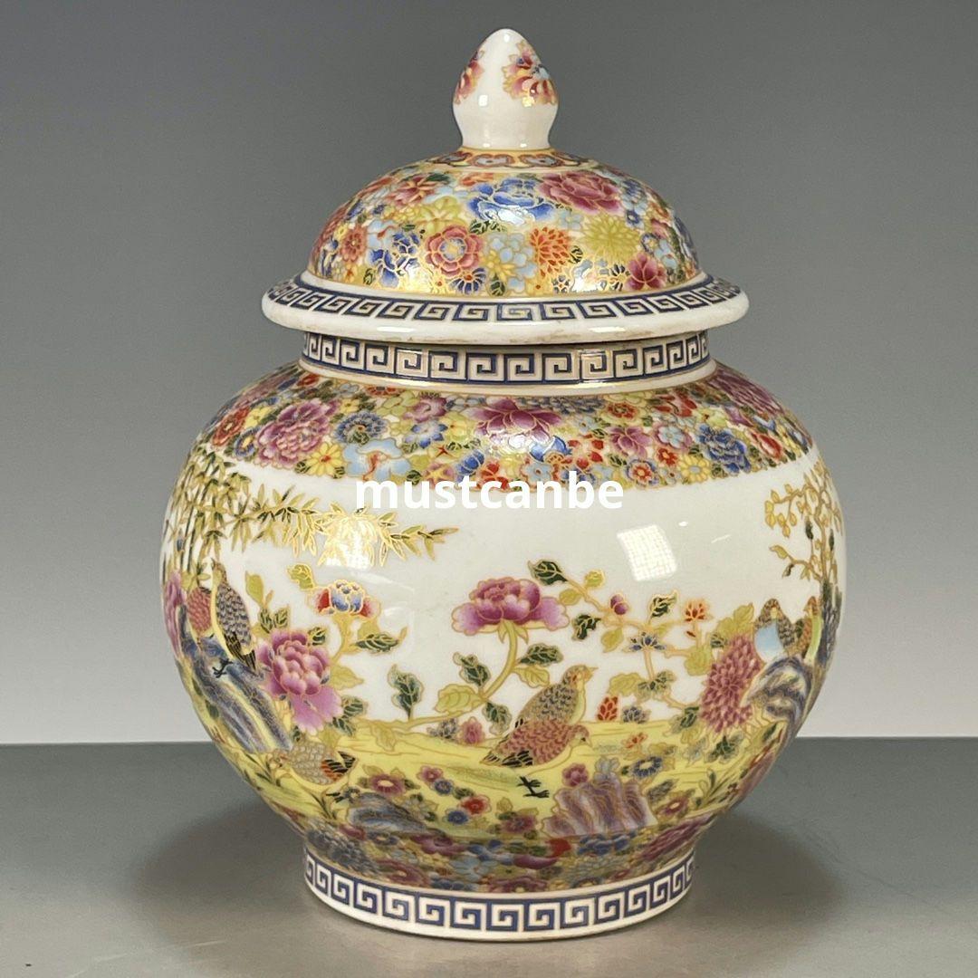琺瑯花鳥蓋缶 景徳鎮 陶磁器 装飾品 現代工芸品 美術品 置物