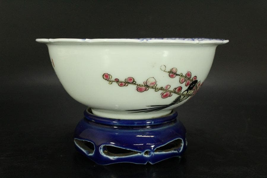 中国美術 色絵 花鳥紋 題詞 瑠璃遊台 碗 雍正年製(LC258)