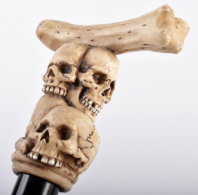 中国 木製 持ち手樹脂 骸骨彫 杖 ステッキ V 3750B