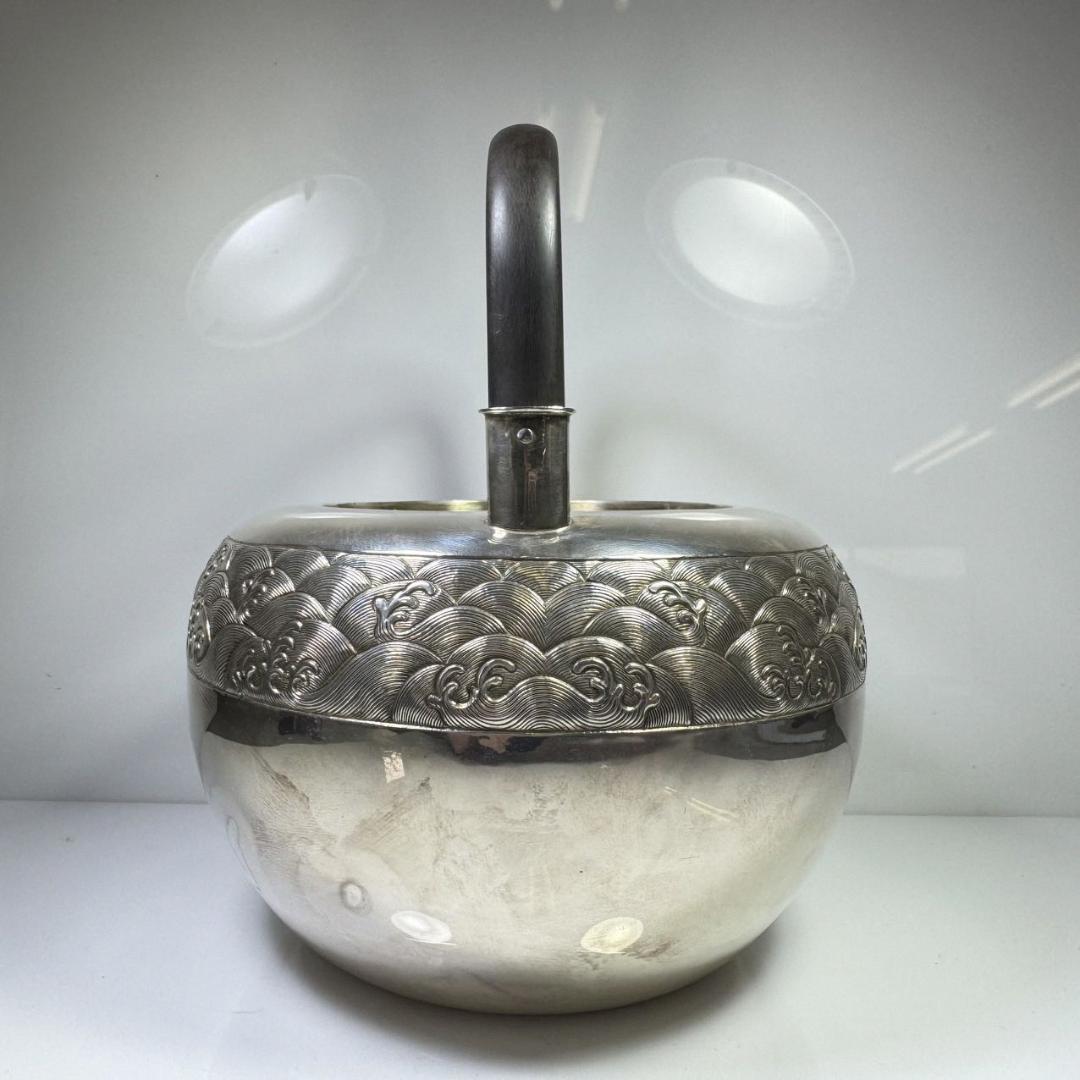 純銀製 東山造 紋波 湯沸 貴石摘 木取手 煎茶道具 古美術