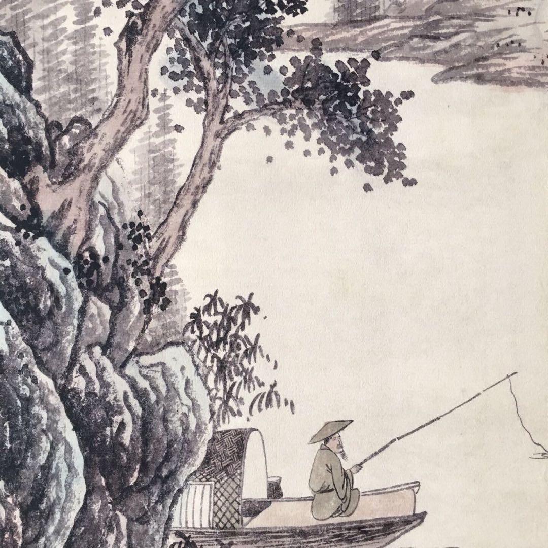 唐伯虎・四条屏】「樵人晩帰図」掛軸セット 表装済み／163×38cm