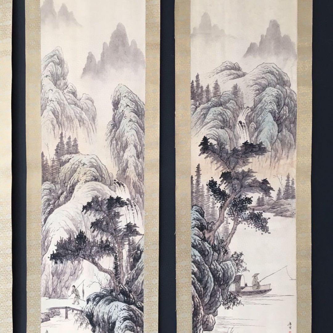 唐伯虎・四条屏】「樵人晩帰図」掛軸セット 表装済み／163×38cm