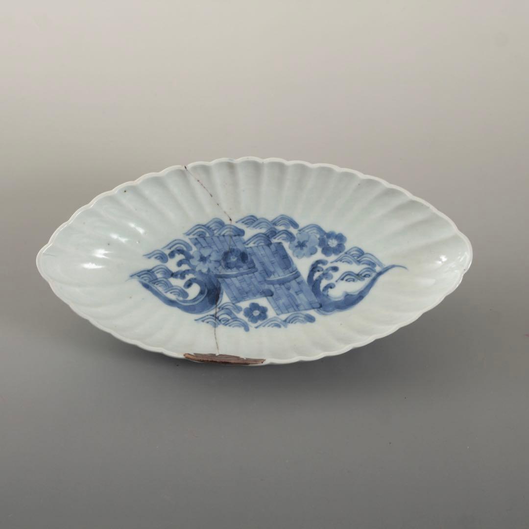舟形 花筏文様 染付 皿 鉢 古美術 古道具 アンティーク 藍柿手