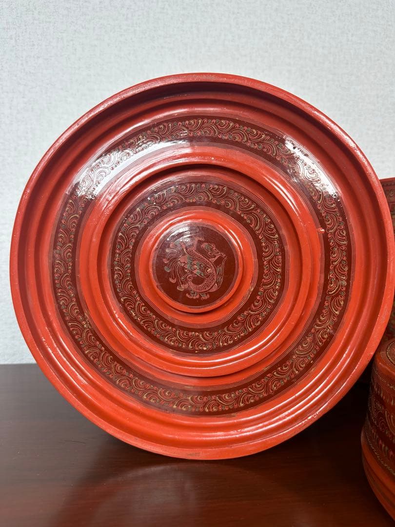 ミャンマー アンティーク 漆器 蒟醤 ビルマ 細密画 入れ子容器 ※31※