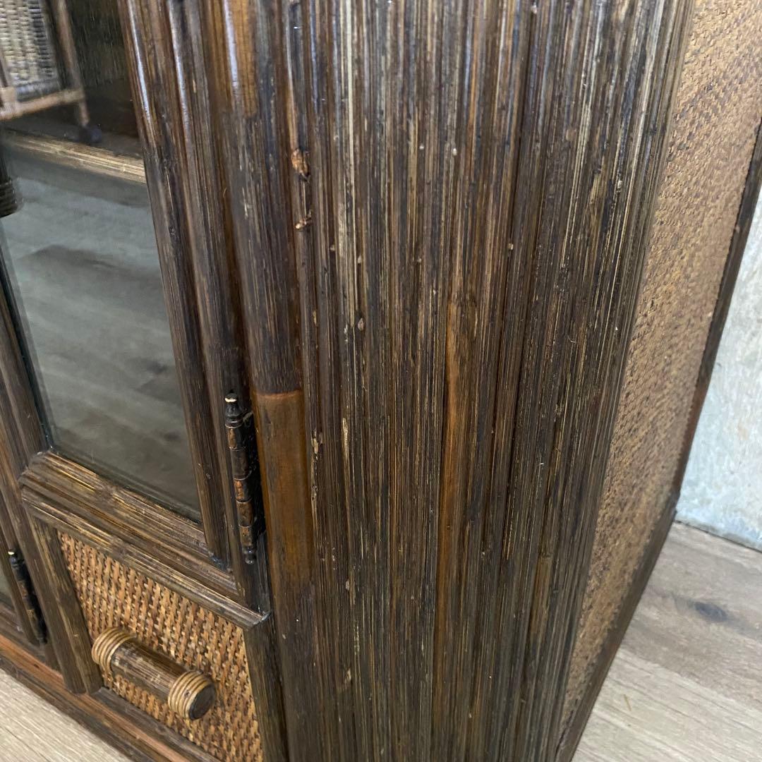 ラタン 籐 サイドボード テレビ台 ガラス扉 古家具 昭和レトロ