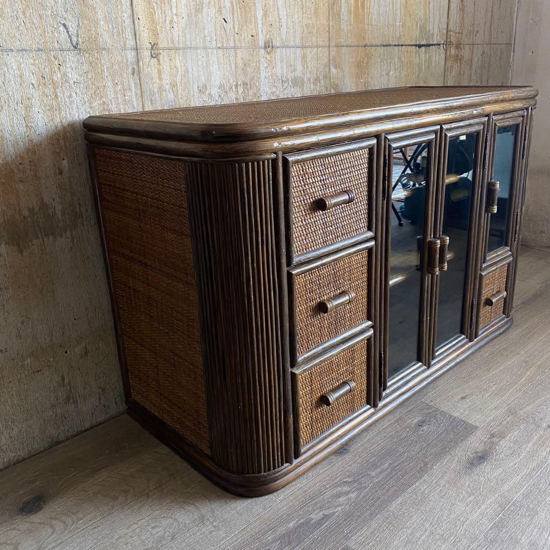 ラタン 籐 サイドボード テレビ台 ガラス扉 古家具 昭和レトロ