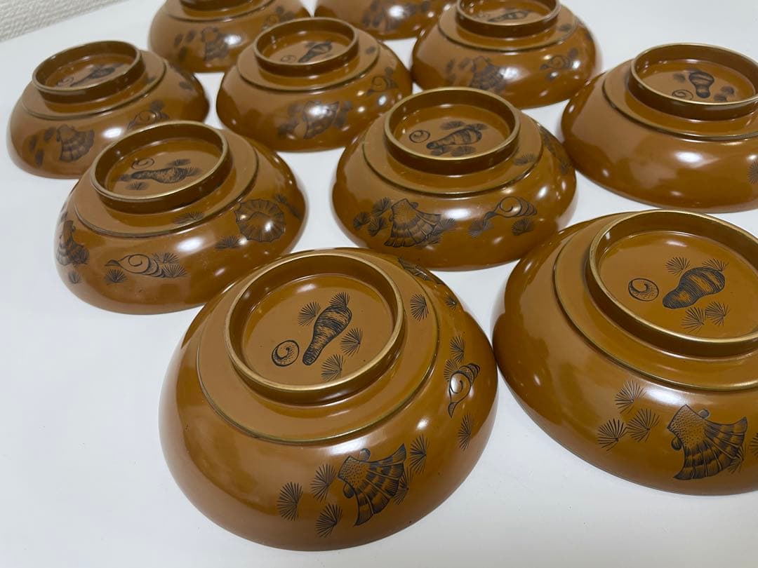 漆器 時代 黄漆 内朱塗 漆器 吸物 懐石椀 煮物椀 10 客 松 貝柄