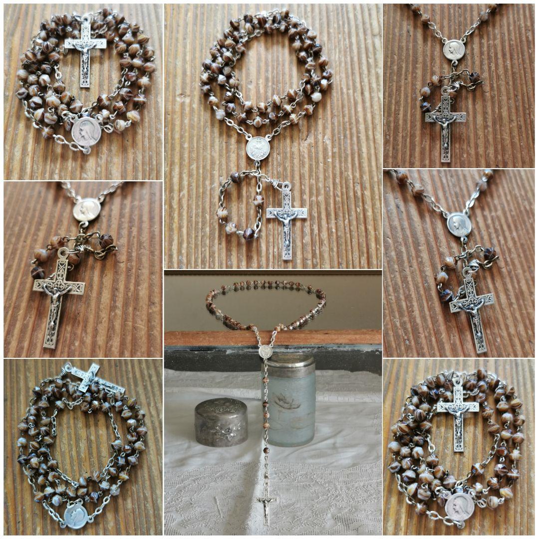 アンティーク ベルギーイタリア ブラウンマーブルガラス マリアと