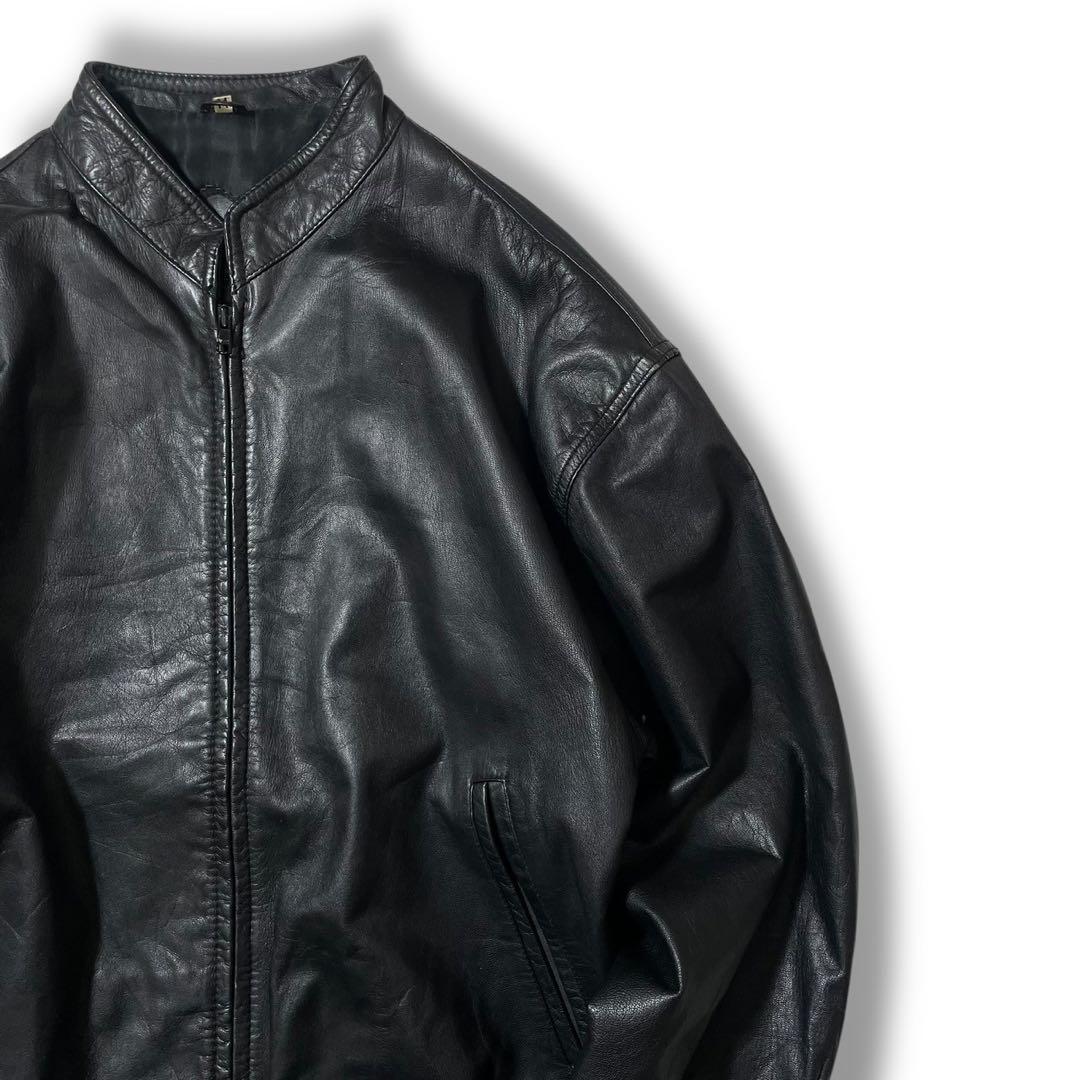 90s ノーカラー ショート丈 本革 リアルレザー ボンバー ブルゾン