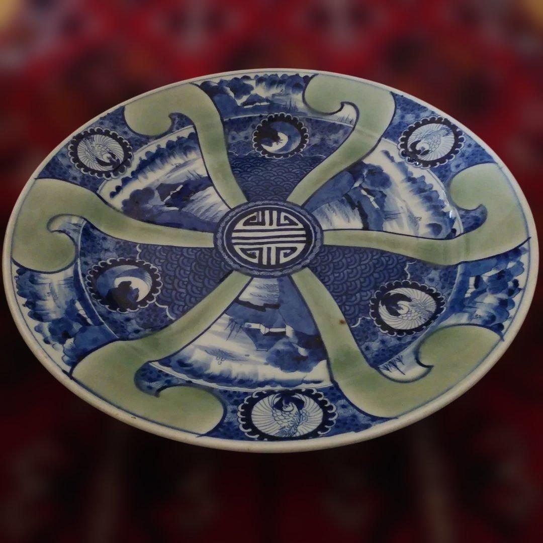 希少 珍品 古伊万里 有田官窯 青磁染付大皿 特大皿 口径約44cm 有田焼