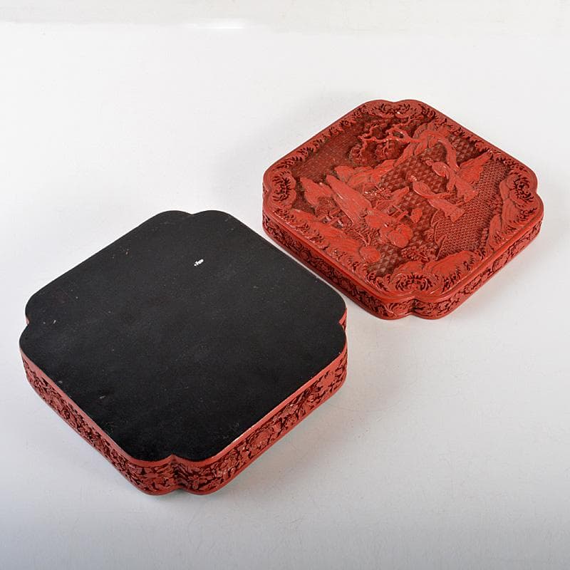 中国剔紅堆朱山水文四方香合合わせ箱MR7056