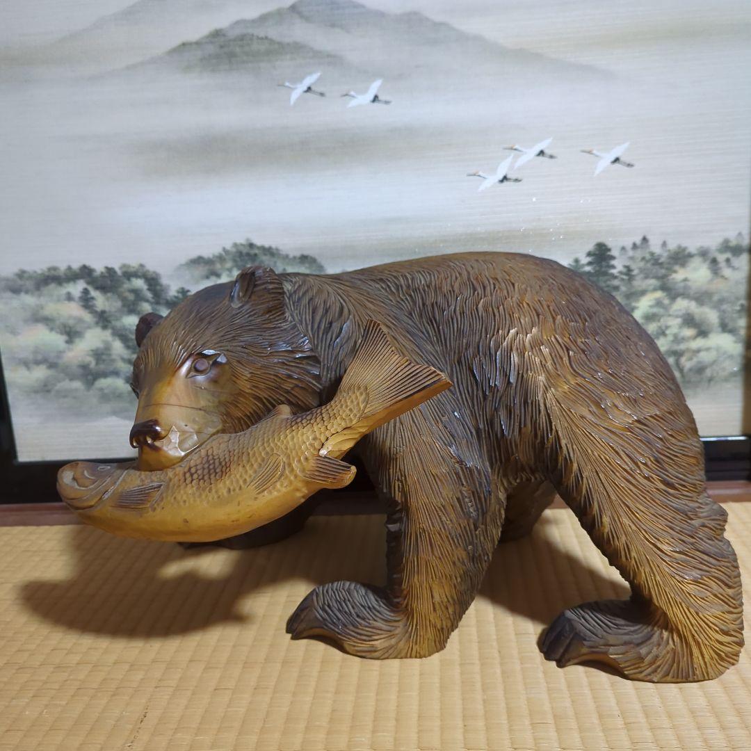 木製 北海道熊の置物 約49cm x 26cm x 28cm 木製クマ彫刻 自然デザイン