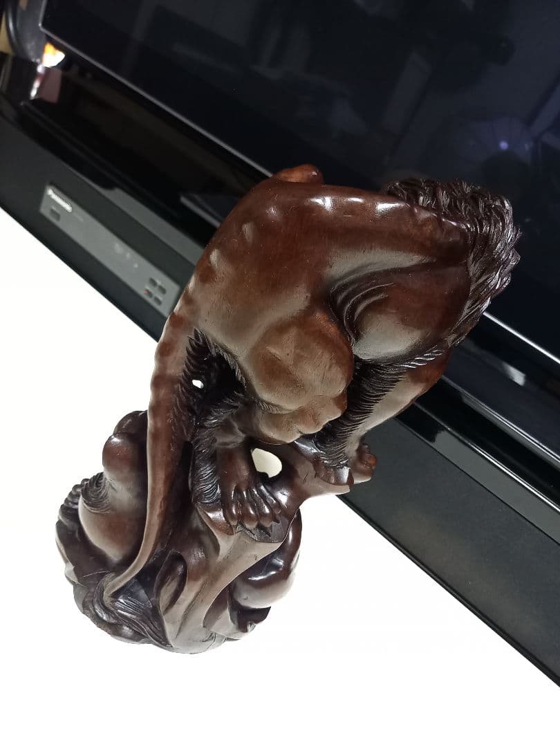 骨董 根木 唐木 無垢材 手彫り 硝子眼 唐獅子 細密 細工 唐獅子図 古銅