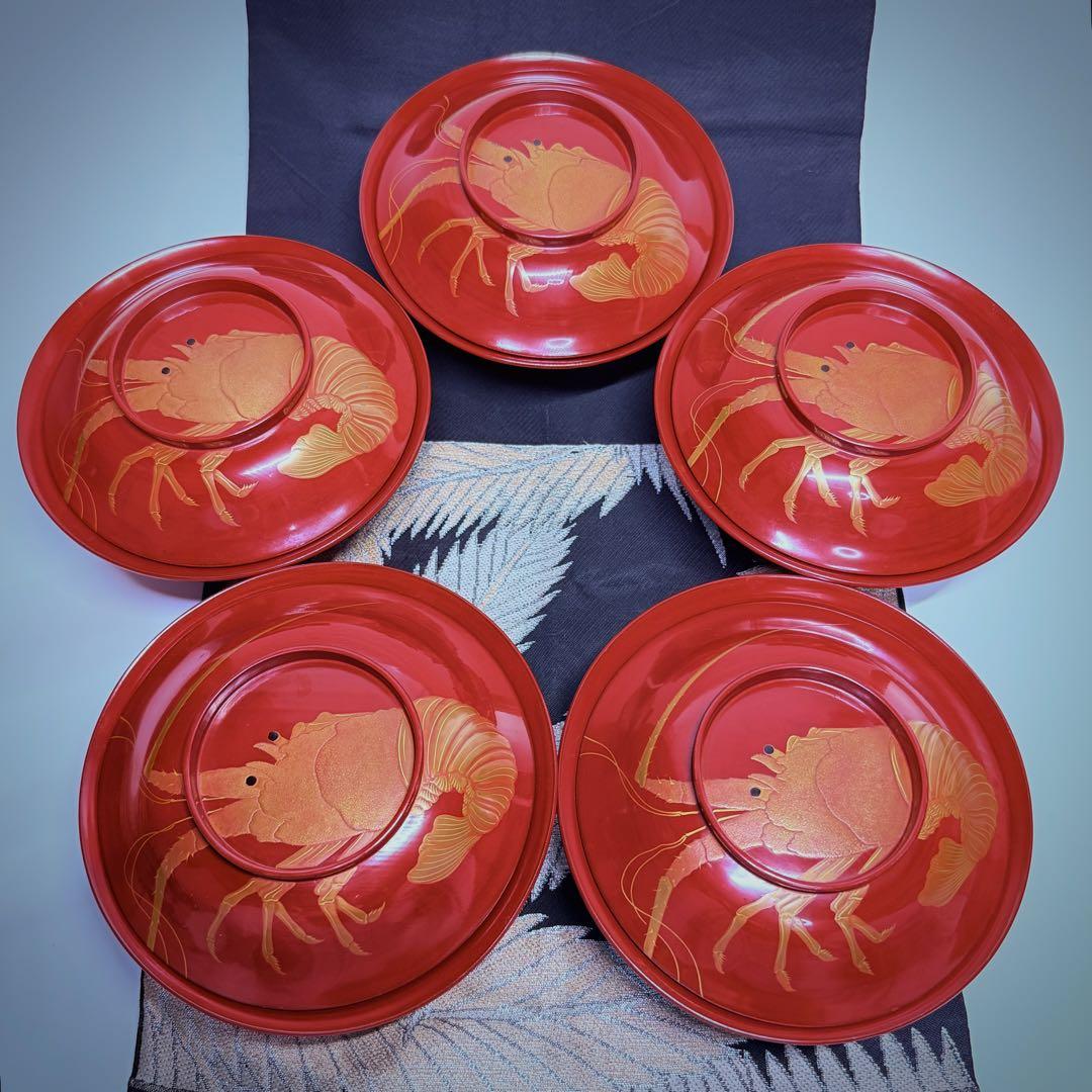 漆器輪島塗　金蒔絵金彩細工伊勢エビ図　木製　蓋付椀　お煮物椀　吸物椀　5客骨董品 漆器輪島塗 金蒔絵金彩細工伊勢エビ図 木製 蓋付椀 お煮物椀