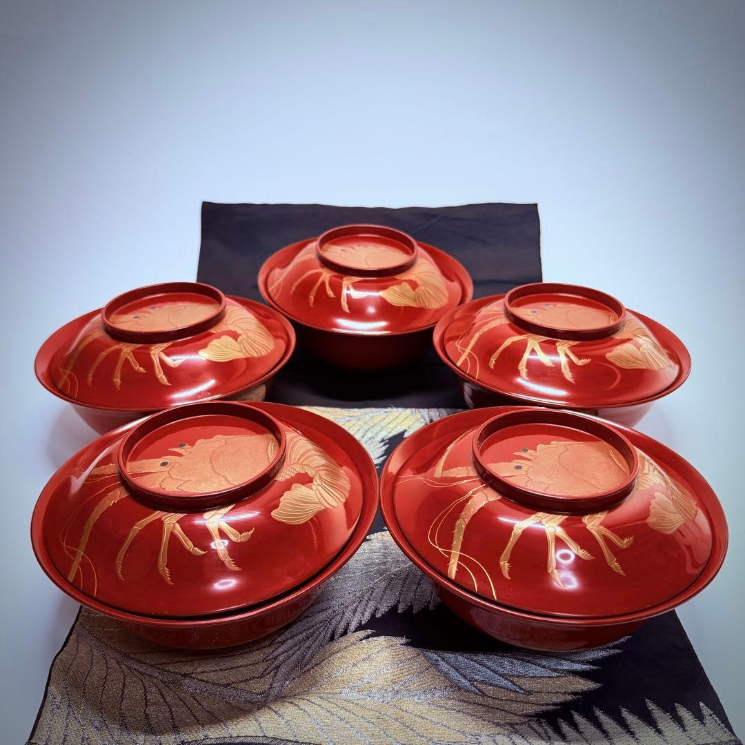 漆器輪島塗 金蒔絵金彩細工伊勢エビ図 木製 蓋付椀 お煮物椀