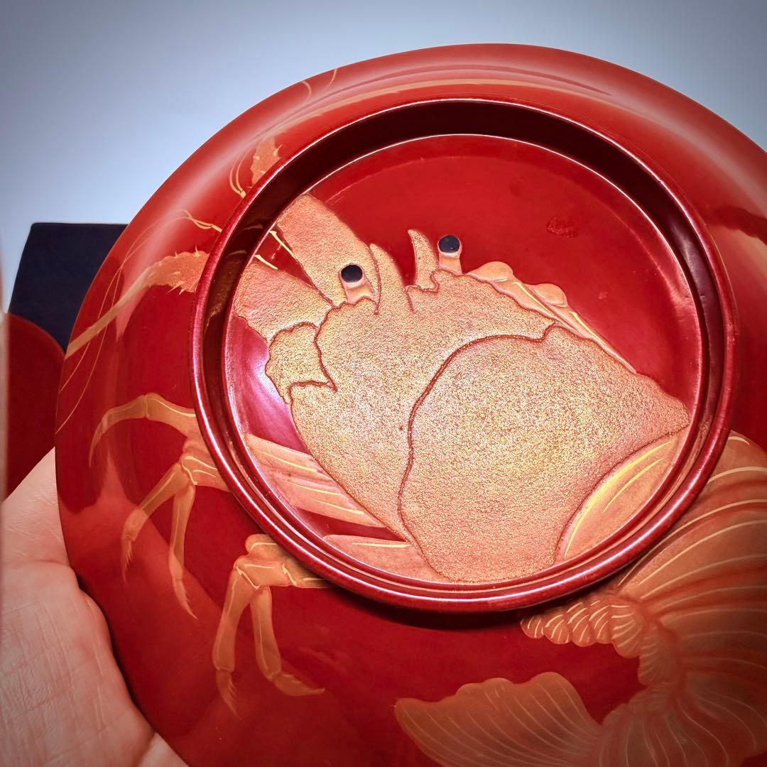 漆器輪島塗 金蒔絵金彩細工伊勢エビ図 木製 蓋付椀 お煮物椀