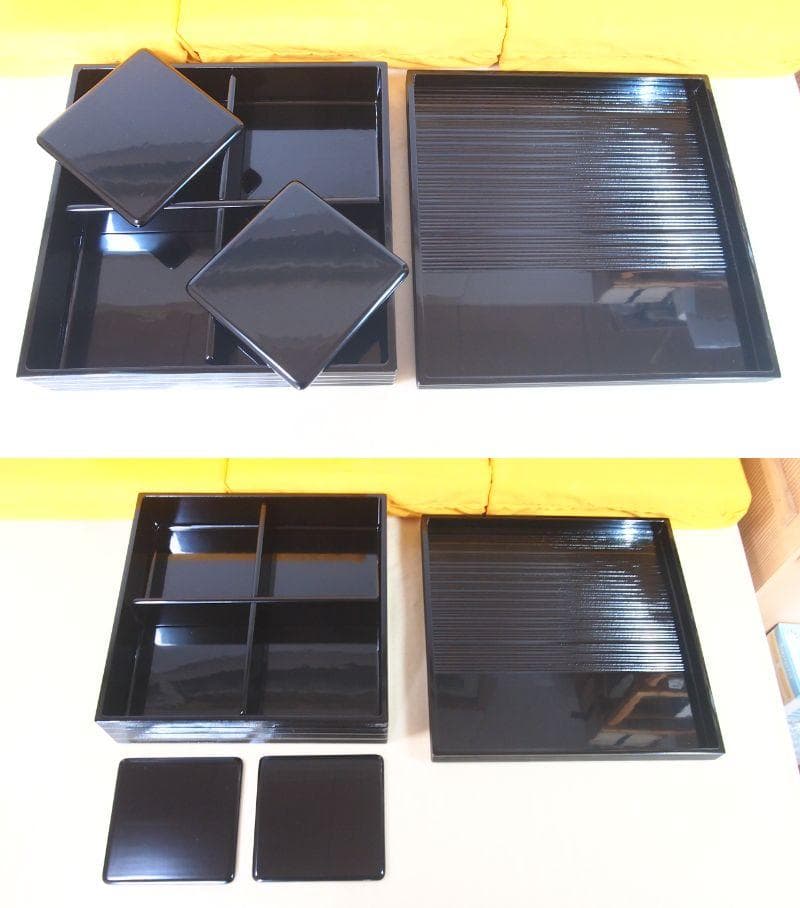 未使用】輪島塗 大雅堂謹製 松花堂弁当 5客 黒塗千筋/結