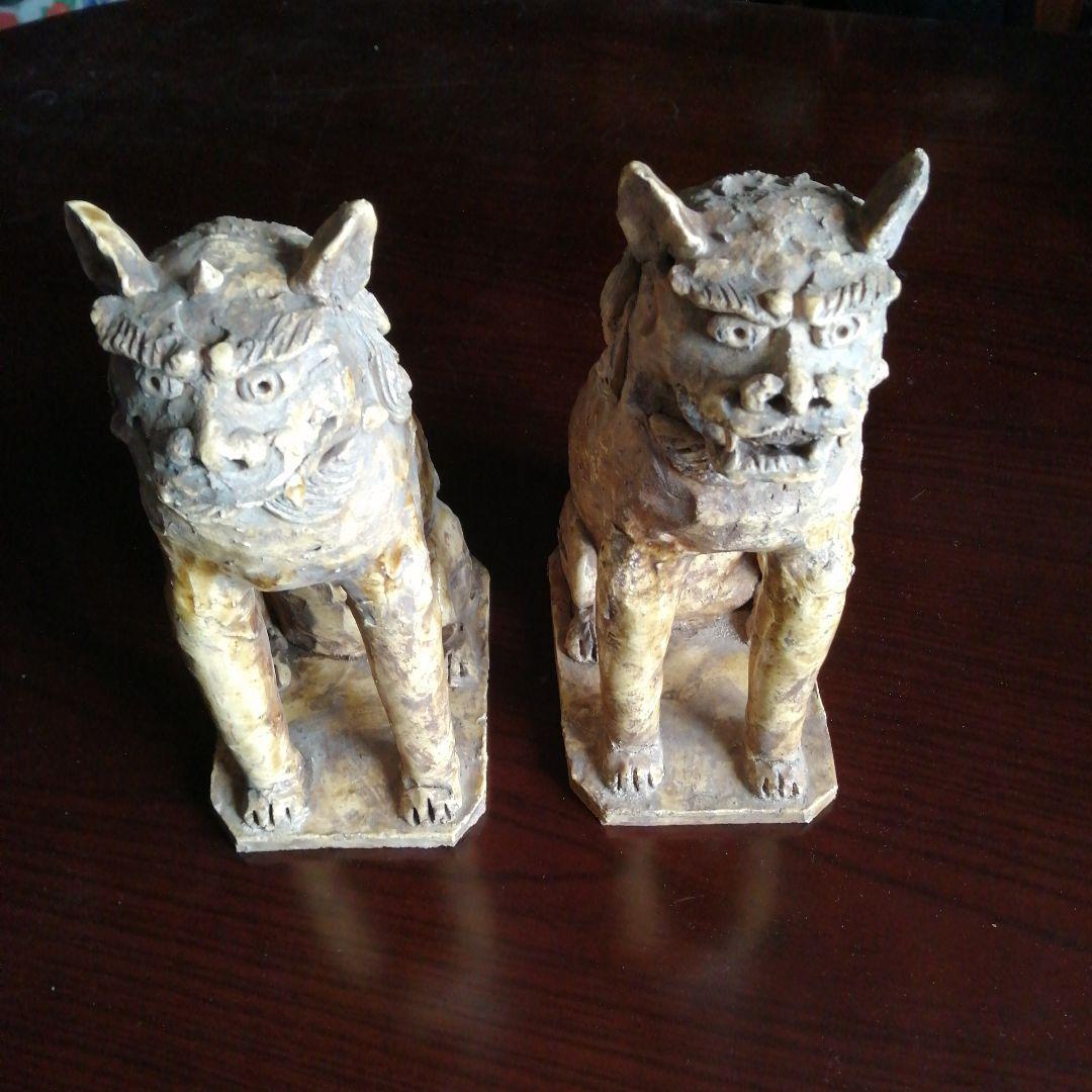 瀬戸焼　黄瀬戸狛犬　25cm　江戸初期～後期