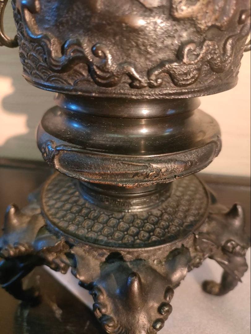 薄端 青銅製 龍双耳 五足 人物花鳥紋 獣足 幅32