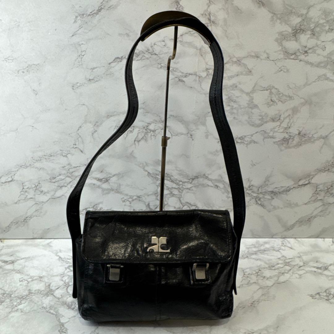 courreges クレージュ フランス製 本革 レザー ショルダーバッグ 黒