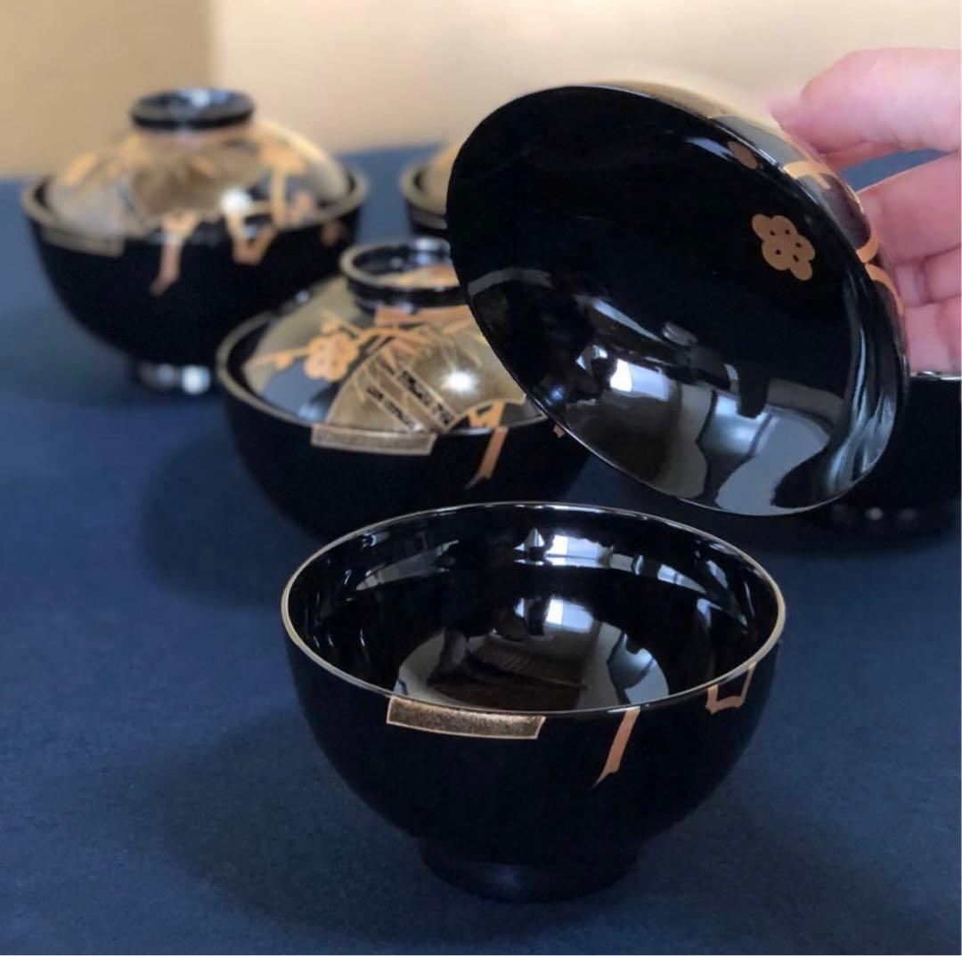 《R》輪島塗 黒塗 蒔絵付 吸物椀5客 木製漆器 木箱　260107か5