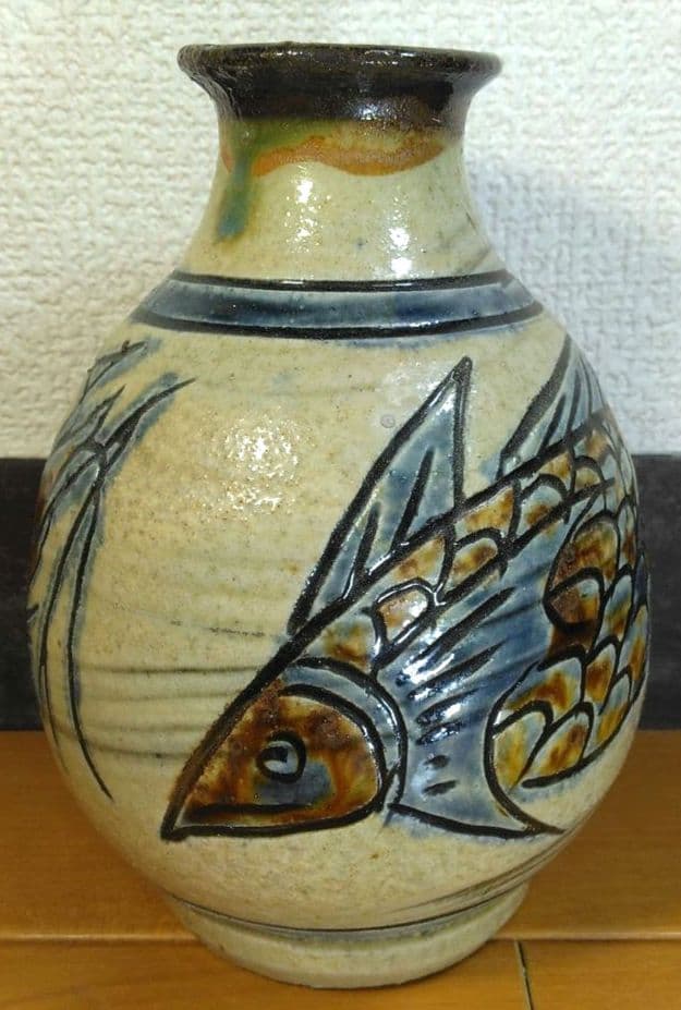 人間国宝 金城次郎 海老魚紋花瓶 栞 共箱 壺屋焼 壷屋焼 やちむん