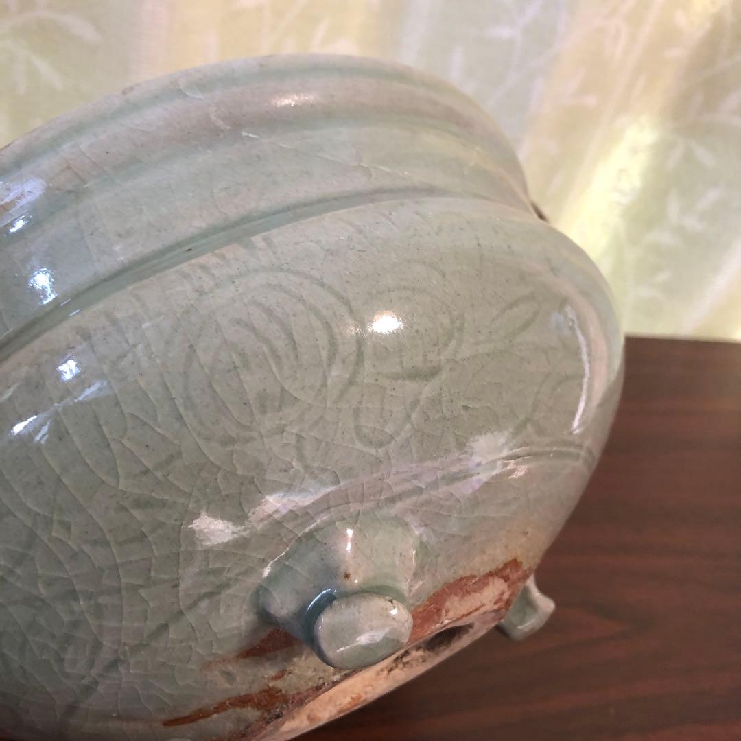 青磁 瓶掛け 香炉大 青磁 三つ足 骨董 茶道具