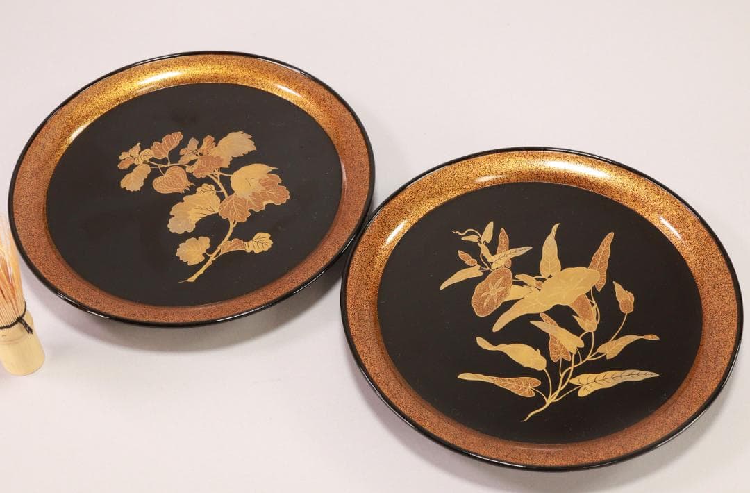 輪島塗 図替草花蒔絵 二客 吸物盆 菓子盆 煎茶盆 丸盆 漆器