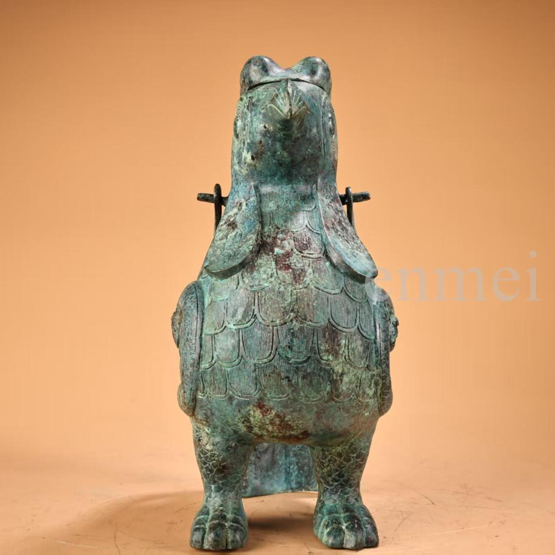 中国古美術・珍品旧藏・青銅製提梁鳥壺・鋳造・鏨刻・純銅製・