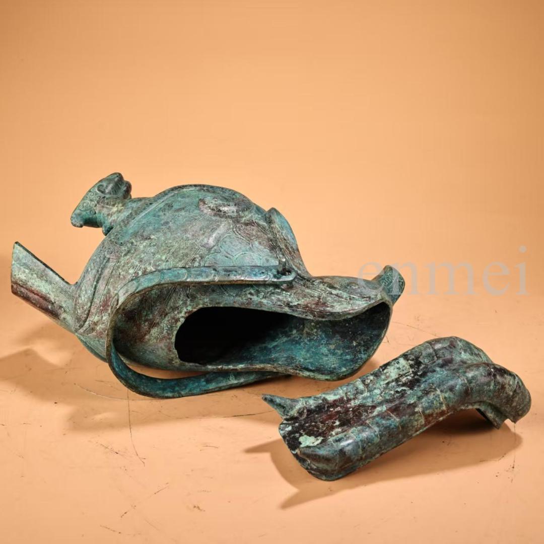 中国古美術・珍品旧藏・青銅製提梁鳥壺・鋳造・鏨刻・純銅製・