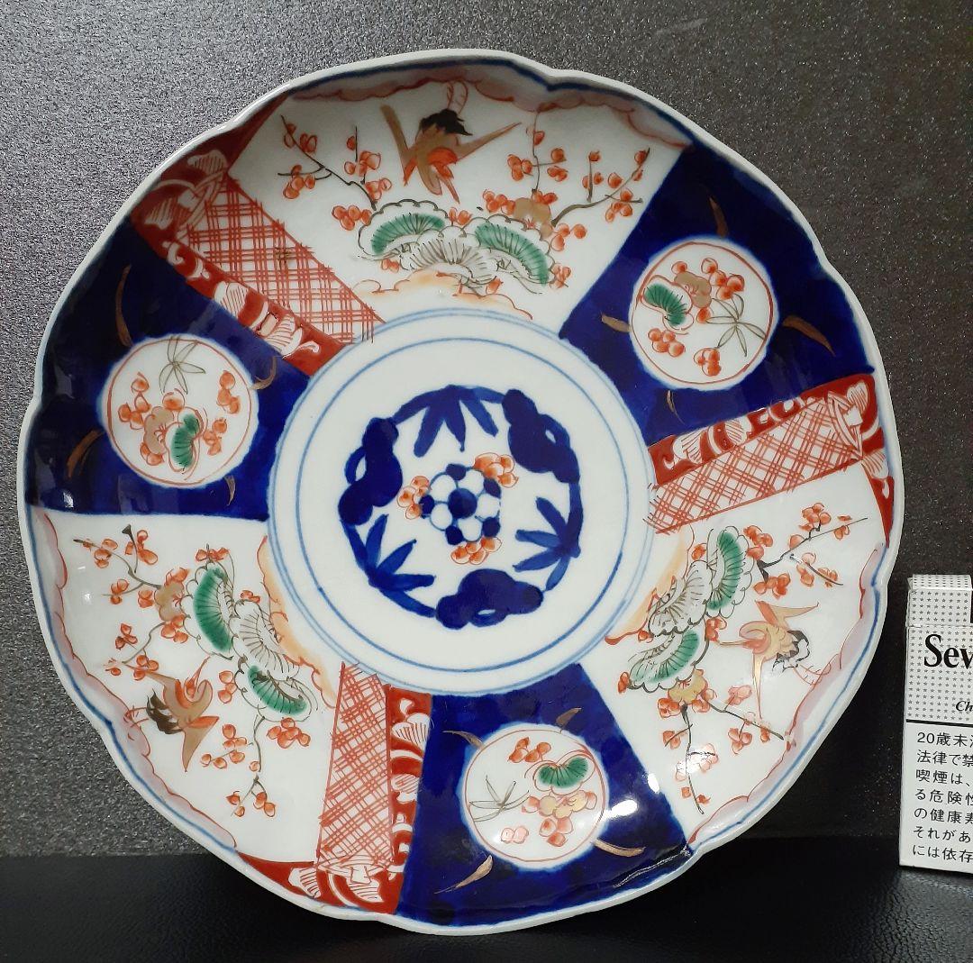 明治時代 古伊万里 錦手 見込みに松竹梅 松梅に金彩鶴の図 輪花八寸皿